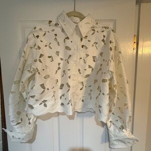 White Cropped Button-Up Blouse shirt with Cut-Out Eyelet Design Sz M
